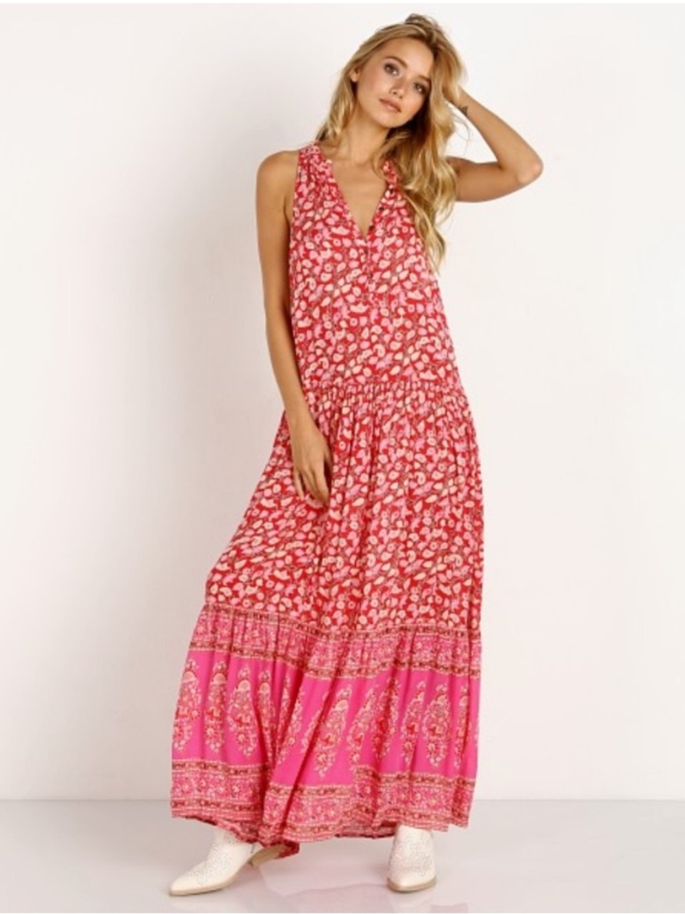 Spell Delirium Floral Boho Maxi Dress Size XS - Red Coral Pink